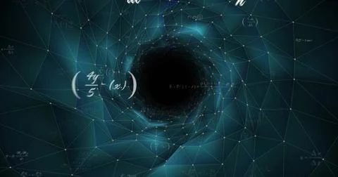 Spiraling central void pulling polygonal mesh inward in digital tunnel, with Stock Illustration