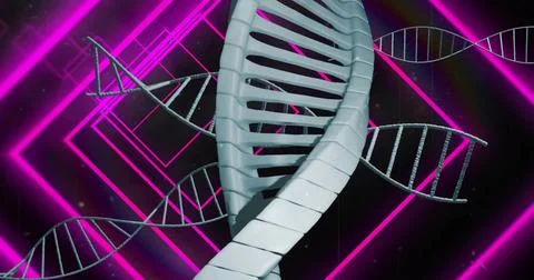 Spiraling central white gray metallic DNA double helix glowing in sci-fi void Stock Illustration