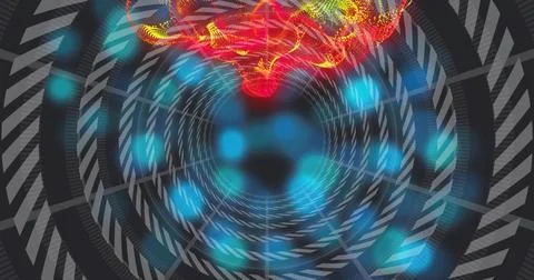 Spiraling chevrons pulling into core in 3D tunnel, with grid lines, cyan orbs, 스톡 일러스트