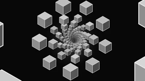 Spiraling cubes create illusion in a black background design Stock Footage 336995752