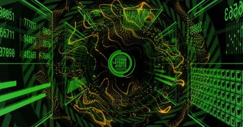Spiraling data vortex drawing floating numeric code and energy strands through 스톡 사진