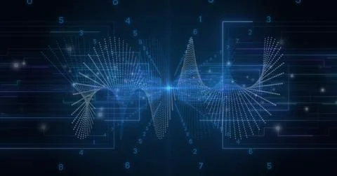 Spiraling digital waveform across interface, with light flare, frames, circuits Stock Photos