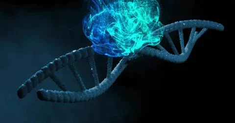 Spiraling DNA double helix glowing in dark void, intersecting teal plasma sphere Illustrazione stock
