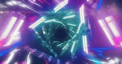 Spiraling hexagonal frames forming tunnel, emitting cyan magenta light bars, 스톡 사진