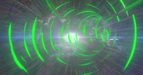 Spiraling neon-green segmented vortex rushing through space, with bright core 스톡 일러스트