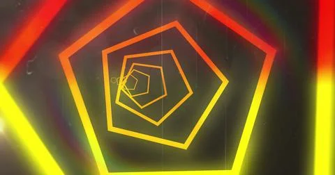 Spiraling neon pentagon frames receding into dark tunnel, showing yellow left Stock Illustration