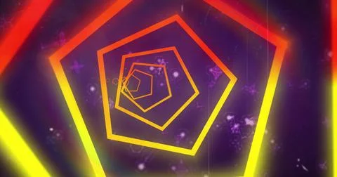 Spiraling neon pentagon frames receding into purple tunnel, showing nebula Stock Illustration