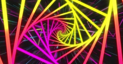 Spiraling neon polygonal frames creating tunnel in digital space, with Stock Illustration