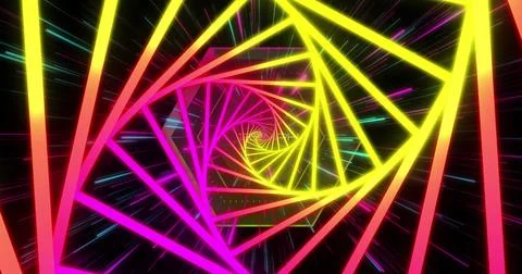 Spiraling neon square frames receding into virtual tunnel space, with Stock Photos