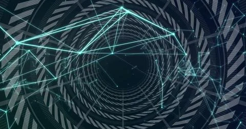 Spiraling tunnel in 3D network with illuminated nodes, neon cyan connecting Stock Illustration