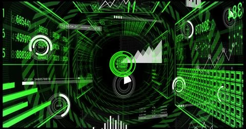 Spiraling tunnel displaying central circular interface in cyberspace, with Stockillustratie