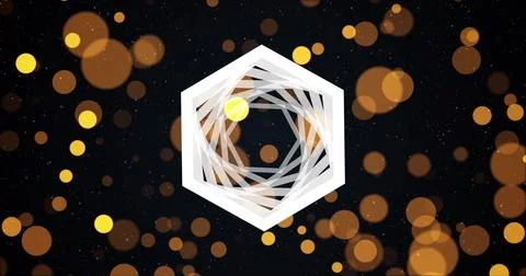 Spiraling white layered hexagon forming tunnel on starry canvas with golden Stock Illustration