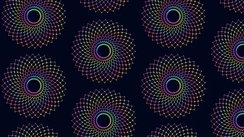 Spiralling symmetrical circle pattern on black background Stock Footage 258902715