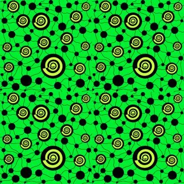Spirals and circles pattern lime green and black on bright green Illustrazione stock