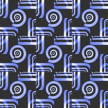 Spirals and stripes pattern purple blue white on black Stock Illustration