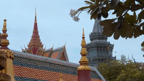 The spires of the Buddhist stupas and temples rise in the blue sky  Stock Footage 318716554