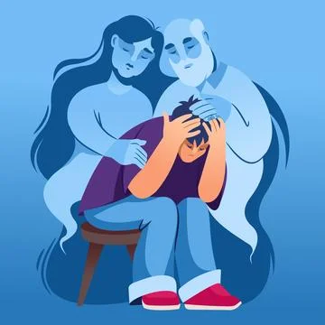 Spirits of parents support upset son, who is grieving death of mother and father Stock Illustration