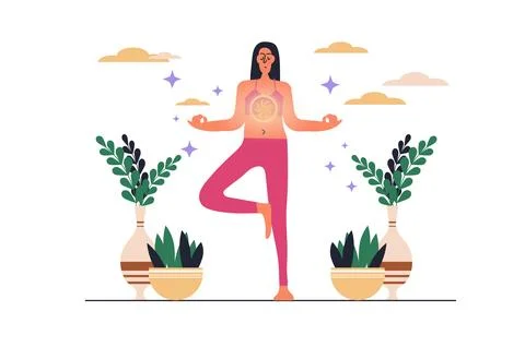 Spiritual development web concept with people scene in flat design. Woman s.. Stock Illustration