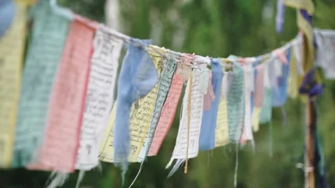 Spiritual Prayer flags with Tibetan script and symbols gently sway in the wind Stock-Footage 309330632