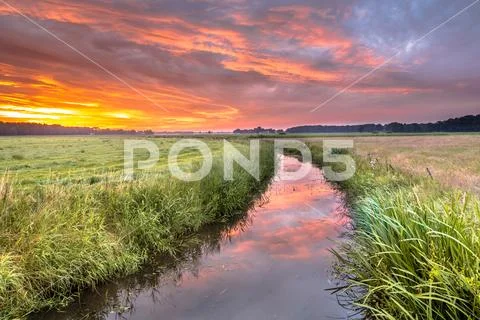 Spiritual voyage concept summer sunrise over lowland river Stock Photos