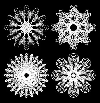 Spirograph circle lace patterns, design elements in white outline on black Stock Illustration