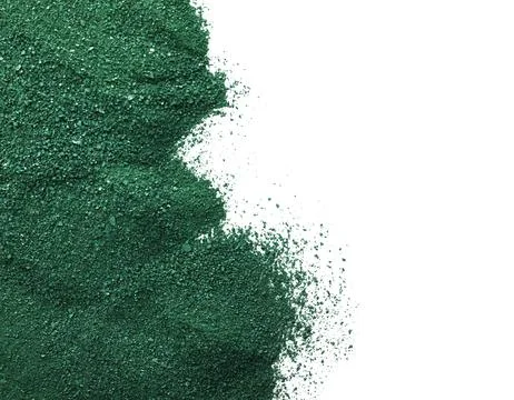 Spirulina algae powder on white background, top view with space for text Foto stock