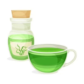 Spirulina healthy drink. Bottle of antioxidant liquid. Organic dietary Ilustração Stock