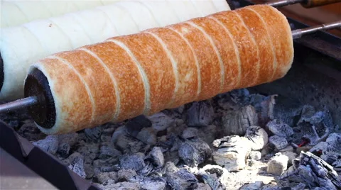 Spit Cake Roasted Over Charcoal, Street Food Stock Footage 67639582