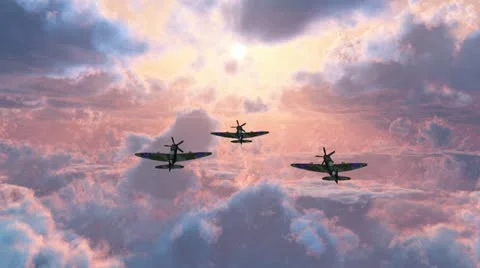 Spitfire Airplane Formation into Sunset Video stock 11186839