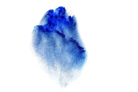 Splash of blue colored powder. Blue powder particles splatter on white blac.. Stock Photos