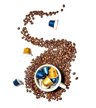 Splash of coffee beans from a white cup full of used coffee capsules isolated Stock Photos