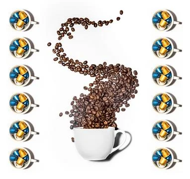 Splash of coffee beans from a white cup isolated over white background Stock Photos