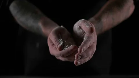 Splash hands with flour closeup Video stock 69918682