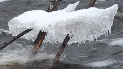 Splash ice shelf and icicles over Rippling water Montreal River Hurley Wisconsin Stock Footage 232366837