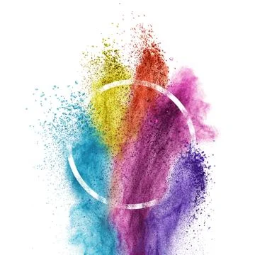 Splash of multicolor powder into circle frame isolated on white 库存照片