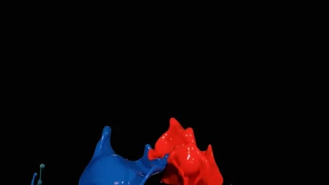 Splash of red and blue paint liquid in slow motion isolated on black (4K) Stock Footage 137111903