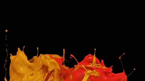 Splash of red and orange paint liquid in slow motion isolated on black (4K) Stock Footage 137111694