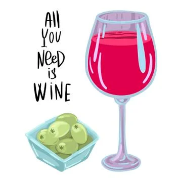 Splash of red wine from a wine glass, lettering from behind. Olives in a plate Stock Illustration