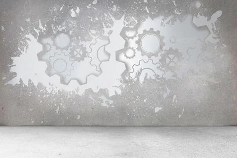 Splash on wall revealing cogs and wheels Stock Illustration