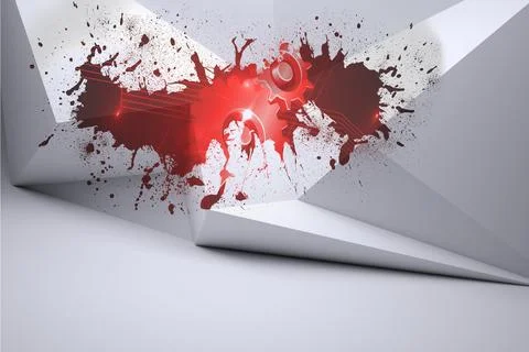 Splash on wall revealing red cogs and wheels Illustrazione stock