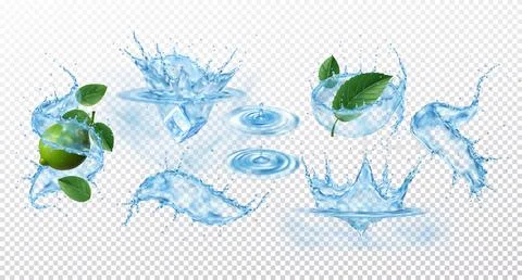 Splash of water. 3D wave. Ice in liquid. Drop lemon in whirlpool, drink aqua Stock Illustration