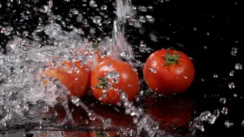 Splash of water falling down on branch of cherry tomatoes in slow motion 動画素材 89338750