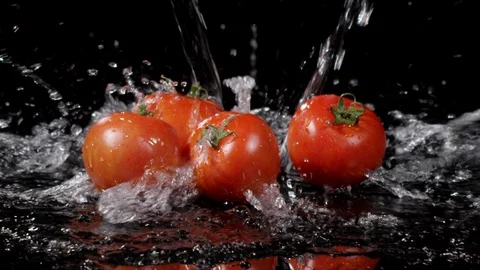 Splash of water falling down on branch of cherry tomatoes in slow motion 動画素材 89338970