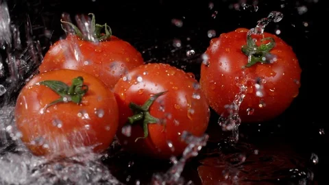 Splash of water falling down on branch of cherry tomatoes in slow motion 動画素材 89339637
