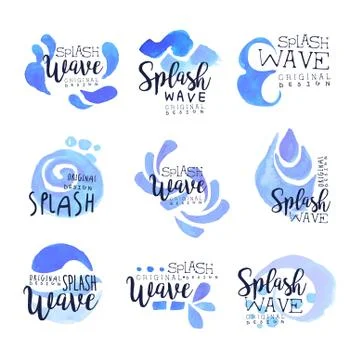 Splash wave logo template set, hand drawn vector Illustrations in blue colors Stock Illustration