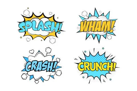 Splash Wham comic burst with white, blue, and yellow colors. Crash Crunch com Stock Illustration