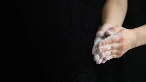 Splash of wheat flour, cook working with dough, hands close-up, slow motion Video stock 288193928