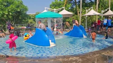 The Splash Zone and Water Slides on a Sunny Day at Pulo Saiji Water Adventure Stock Footage 282419895
