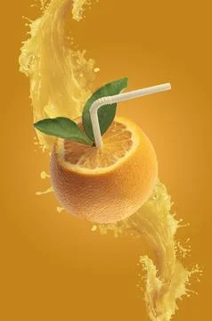 Splashed orange fruit with straw Stock-Fotos