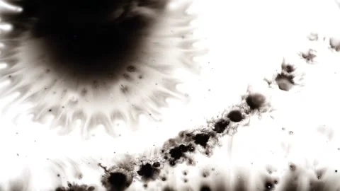 Splashes of black ink blot over white background Видео 147703349